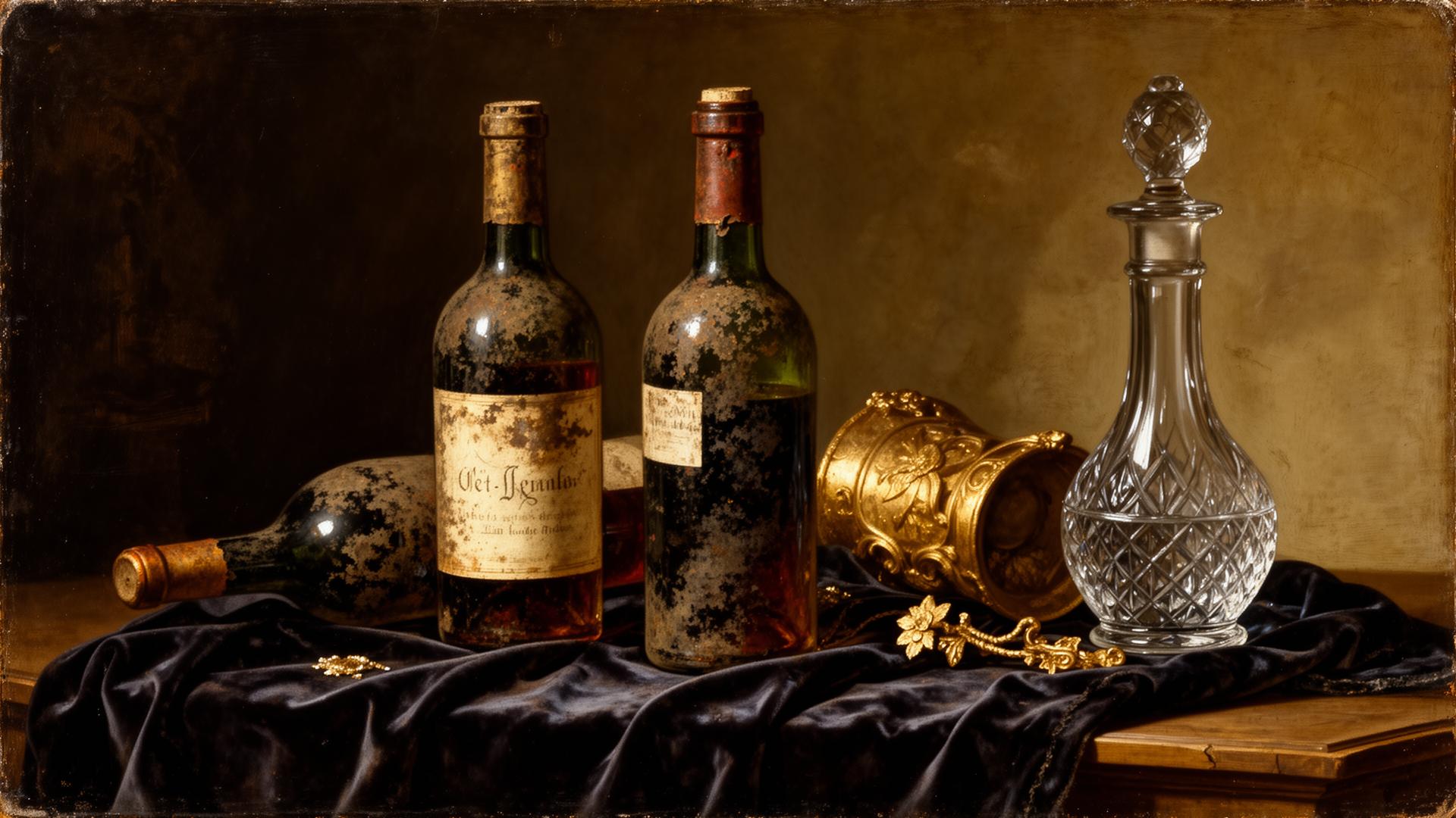 Old master oil painting of antique wine bottles on dark velvet